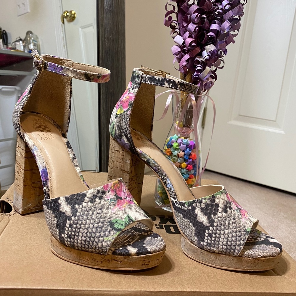 Vince Camuto Chunky, Snake Skinned, Floral Pumps